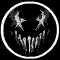 Static black-and-white circular icon with a pixelated, distorted face inside a white ring on a transparent background.