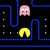 Pixelated game scene with blue maze walls, yellow power pellet, and pink ghost character on black background.