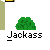 Pixelated green bush with yellow hand and white ball moving across it, labeled 'Jackass' below.