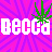 Pixelated text 'becca becca' repeats across a pink and purple geometric background with green cannabis leaf icons.