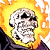 Pixelated image of a flaming skull with hollow eye sockets and visible teeth, set against a dark background with green text reading 'Original Icons .com'.