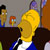 Pixelated static image of a character with yellow skin, black hair, blue shirt, and white collar, holding a large yellow object against a gray background with other figures.