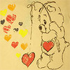 A cartoon bear with a red heart on its chest stands beside a vertical pole, surrounded by floating hearts in red, orange, yellow, and black on a beige background.