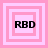 Four pink and white square frames with black text 'RBD' centered in each frame, arranged in a