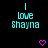 Pixelated cyan text 'I love Shayna' appears in three with pink heart symbols on a black background, with a gray rectangle partially visible on the right edge