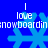 Blue background with four light blue snowflakes and repeated white text reading 'I love snowboarding' in pixelated font.