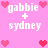 Pixelated pink background with white text 'gabbie + sydney' and red/pink heart icons in a repeating pattern.