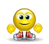 Yellow cartoon character with blue eyes and red shoes performing a sequence of animated poses including clenched fists, raised arms, and smiling expressions.