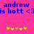 Blue text on pink background reads 'andrew is hott <3s hott <3' with yellow and orange star-like symbols below.