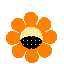 Four pixel-art flower icons with orange petals; central flower head changes from blank to afro-haired character with yellow eyes and pink mouth, then adds red hair bow, then holds yellow envelope with red heart.