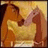 Two figures in warm-toned clothing embrace against a gradient background of yellow and brown hues.