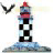 Pixelated static image of a lighthouse with black and white checkered pattern, red top section, blue base on rocky shore, and single dark bird in flight to left.