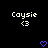 Pixelated text 'Caysie' with '<3' below on black background, two purple heart icons at bottom center.