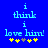 Blue background with light blue pixelated text reading "i think i love him!" and yellow plus signs below, where one sign changes from gray to yellow between frames.