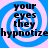 Four identical blue and white spiral patterns with black text reading 'your eyes they hypnotize' arranged in a on a light purple background