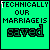 Green background with black text reading "TECHNICALLY OUR MARRIAGE IS saved" in pixelated font, showing animation changes across frames.