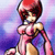 Pixelated character with red hair and a red headband, wearing a pink and purple outfit against a purple-blue gradient background.