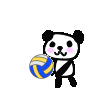 Pixelated panda character with pink cheeks holding or interacting with blue-yellow volleyball in multiple poses across a