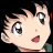 Pixelated anime-style character head with large eyes and open mouth next to stylized text on black background