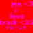 Red background with pink pixelated text reading 'jen <3 i love track <33' and purple asterisks below, showing two identical frames side-by-side.