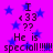Purple background with blue stars, repeated text "I <33 ?? He is special!!!!!" in black pixelated font.