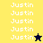 Pixelated text 'Justin' repeated vertically on yellow, dark blue, and olive green backgrounds with star symbols.