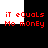 Red pixelated text 'iT eQuals Mo mOnEy' appears in four quadrants on a black and white background with alternating colored sections.