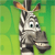 Pixelated cartoon zebra head with black-and-white stripes, large green eyes, and brown-tipped ears against a green background.