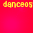 Red background with four identical yellow pixelated text instances of 'danceos' arranged in a