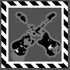 Two electric guitars cross in an X shape against a gray background, framed by black-and-white diagonal stripes.