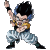 Pixelated static icon of a cartoon character with spiky black hair, blue highlights, and yellow chest armor in a dynamic martial arts pose against gray background.