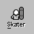 Pixelated skater character with white head and gray body performing various actions on brown platforms, labeled 'Skater' below each frame.