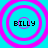 Four identical circular icons with concentric pink rings on a cyan background, each containing the text "BILLY" in black pixelated font.
