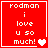Red square icon with white text 'rodman i love u so much!' and heart symbols, showing animation variations of heart count.