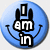Blue circular icon with pixelated rabbit-like figure holding 'I am in' text, white background with blue ring on right side.
