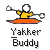 Pixelated icon of a person in a yellow jacket paddling an orange kayak with two white oars against a gray background, labeled 'Yakker Buddy' below.