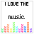 Static image of 'I LOVE THE music.' text above a colorful pixelated audio equalizer with varying bar heights.