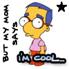 Static cartoon icon of a yellow-skinned character with blue hair and red glasses wearing a pink shirt and red pants, accompanied by text elements including "BUT MY MOM SAYS" and "I'M COOL..." with a black star symbol in the top-right corner.