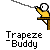 Animated contact sheet of a yellow stick figure performing trapeze tricks on a brown platform with white circular props, displayed in 15 frames across a gray background.