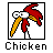 Pixel art icon of a stylized chicken figure with red and yellow elements, white limbs, and the word "Chicken" below it in blocky text.
