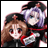 A 48x48 pixel animated buddy icon featuring two anime-style characters on the left and text elements on a black background to the right, displayed as a contact sheet with two frames.