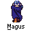 Pixel art character Magus in three poses: hooded, standing with cape flowing, and standing with hands clasped, all on gray background.