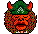 Pixelated devil icon with green hat, red horns, and orange face showing multiple expressions including open mouth, closed eyes, side profile, and tongue out.