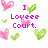 Pixelated image with pink and green heart shapes surrounding purple text reading "I Lovee Court." on white background.
