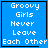 Blue square icon with white pixelated text "Groovy Girls Never Leave Each Other" and a black pixelated heart in the bottom-right corner.
