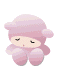 A 4x3 contact sheet of a pink cartoon sheep character in various expressions across ten animated frames, displayed on a gray background with transparent pixels.
