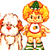Pixelated cartoon-style buddy icon featuring two characters: a yellow stick-figure-like character with orange hair and green accents, holding hands with a white circular character with red details.