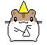 Pixel art hamster with brown head, white body, pink cheeks, black eyes, and yellow polka-dot party hat holding a small triangle.