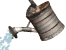 Animated watering can with light blue water droplets, gray body, brown stripes, and a dark spout against a plain gray background.