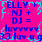 A static digital image with bright pink background and cyan border, displaying repeated blue text elements including 'ELLY +', 'NJ +', 'DJ =', 'luvvvvv', and '33 luv u g' in a